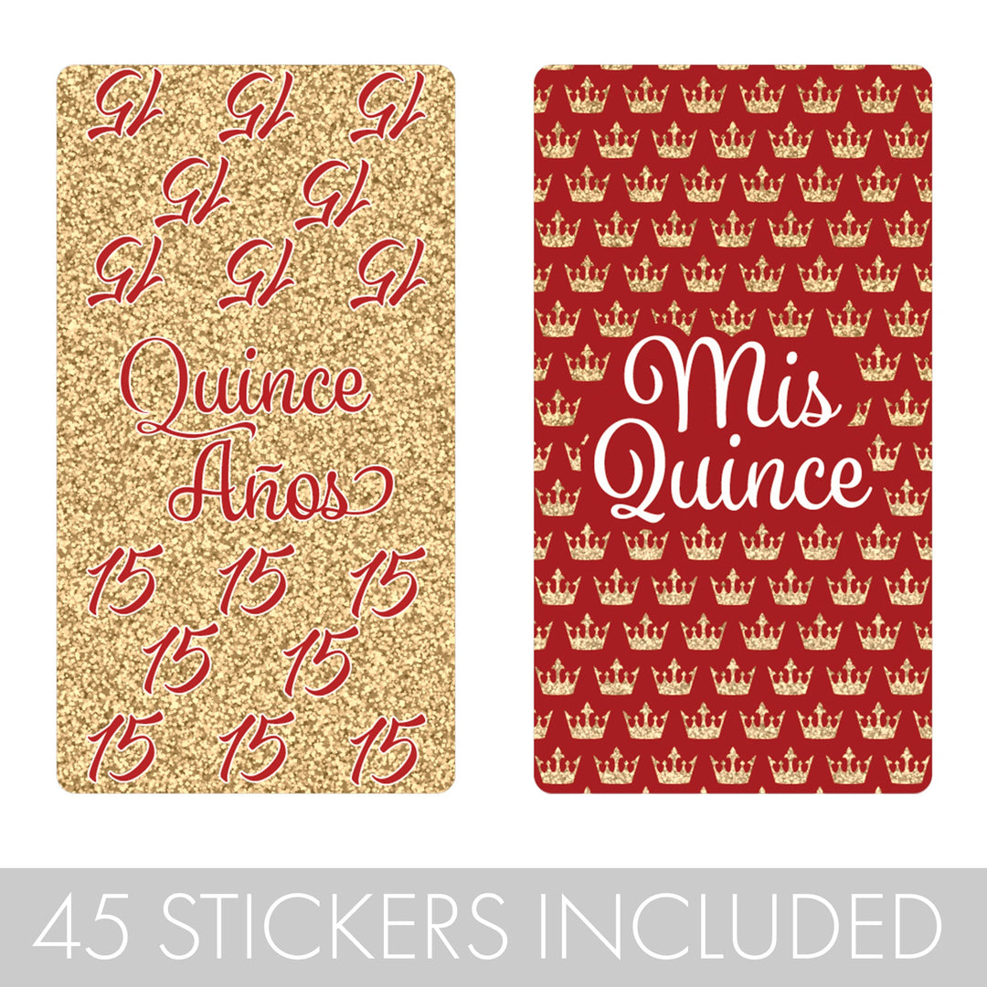 Quinceañera: Rojo y Dorado - Sparkling Mis Quince 15th Birthday - Hershey® Miniatures Candy Bar Wrappers Stickers - 45 Stickers