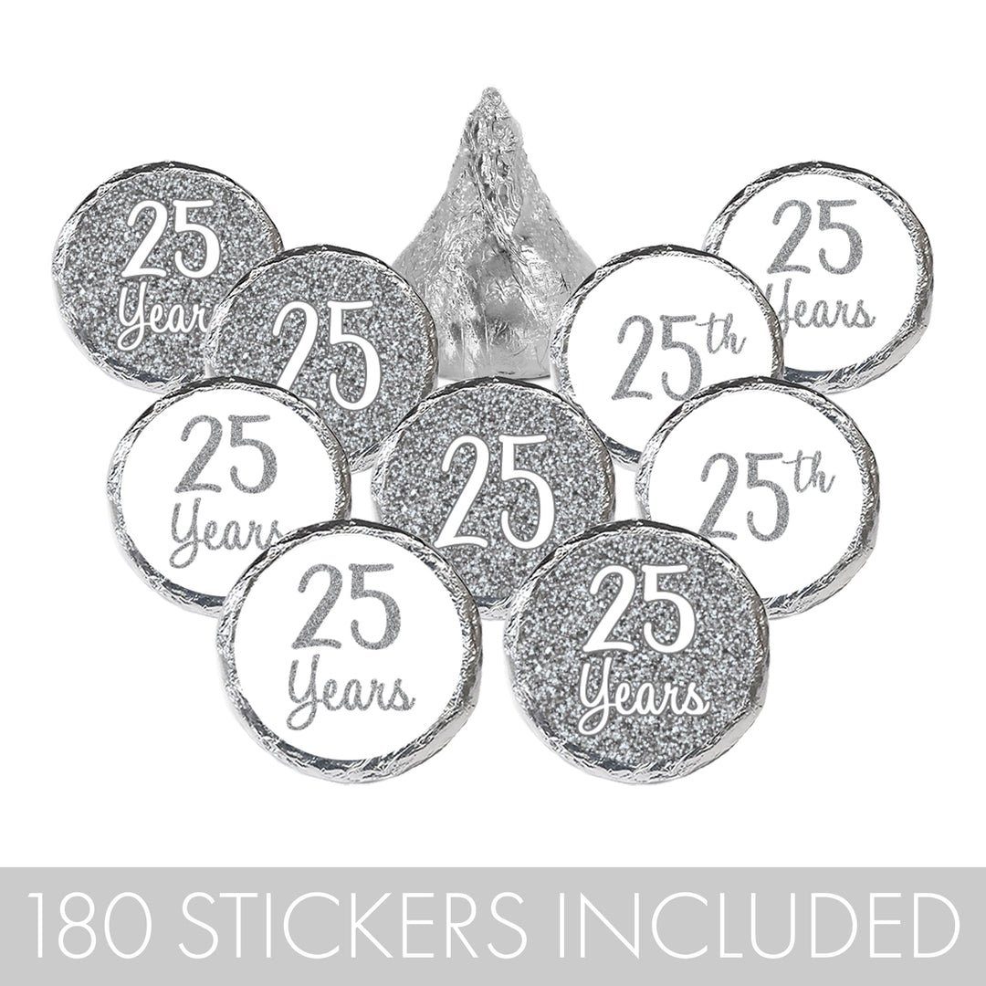 Silver 25th Anniversary Party Favor Stickers - 180 Count