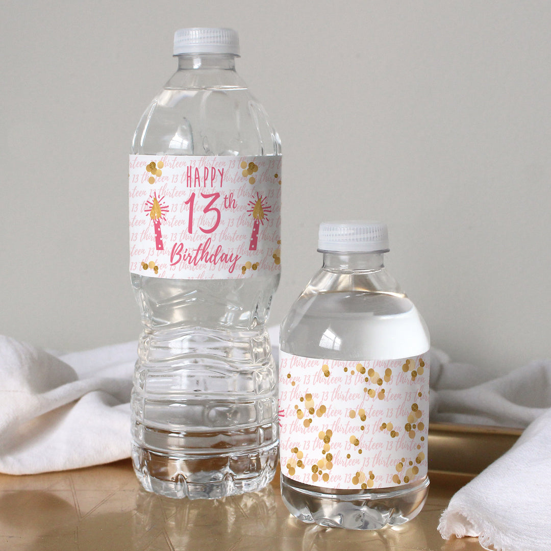 Thirteenth Birthday: Gold Confetti Pink & Gold - Water Bottle Labels - 24 Waterproof Stickers