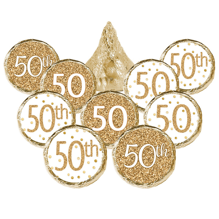 50th Birthday: White and Gold - Adult Birthday - Party Favor Stickers - Fits on Hershey's Kisses - 180 Stickers