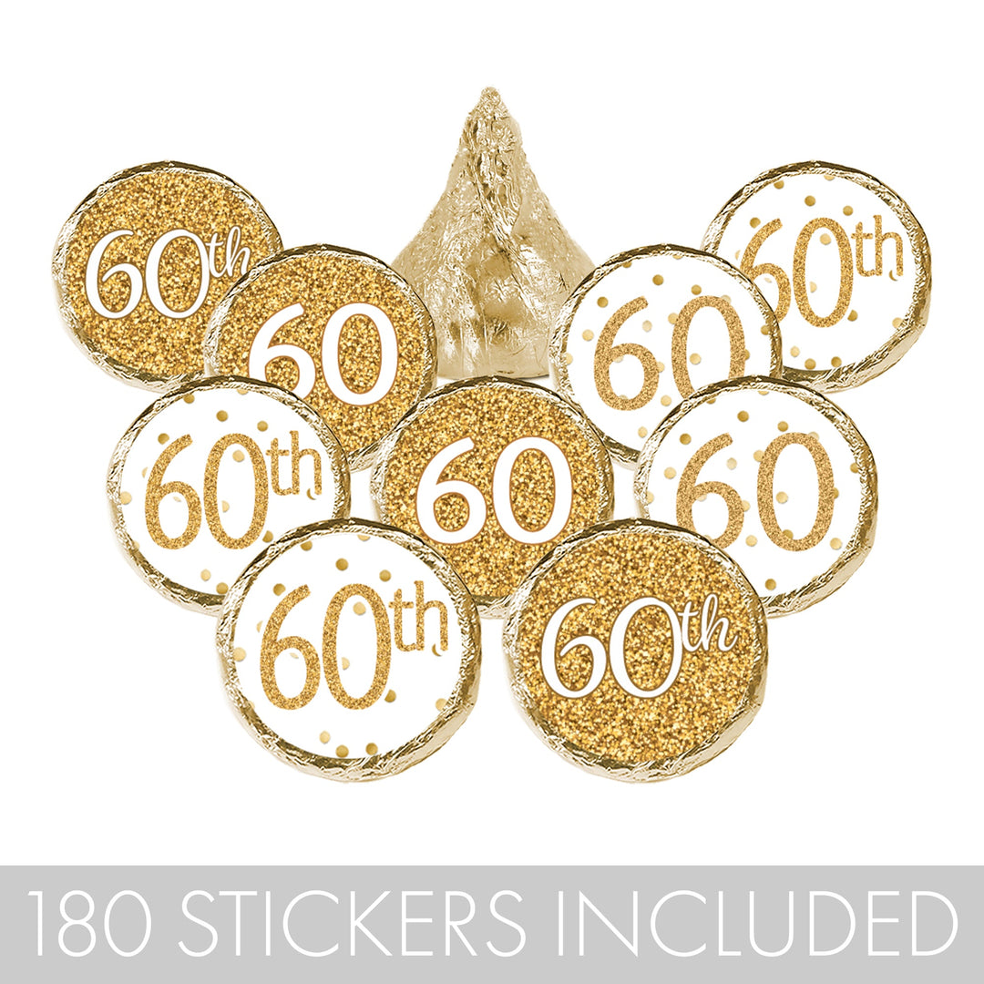 60th Birthday: White and Gold - Adult Birthday -   Party Favor Stickers - Fits on Hershey's Kisses - 180 Stickers