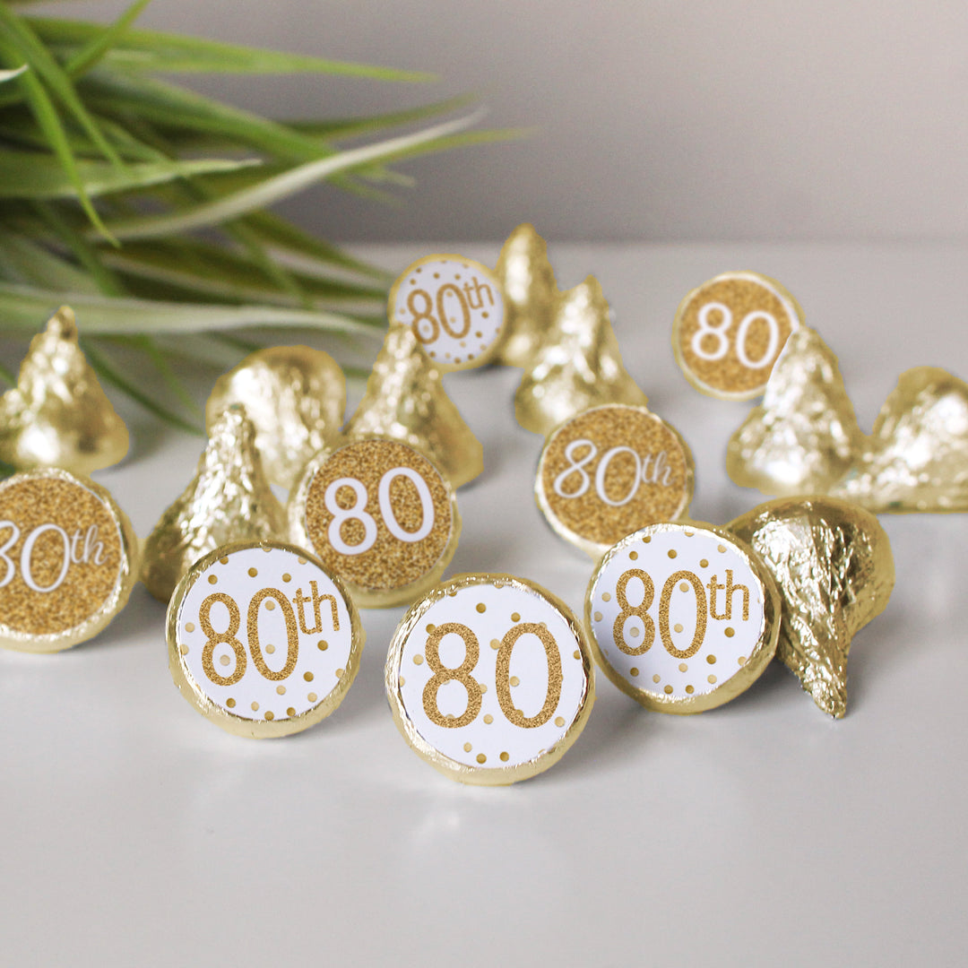 80th Birthday: White and Gold - Adult Birthday - Party Favor Stickers - Fits on Hershey's Kisses - 180 Stickers