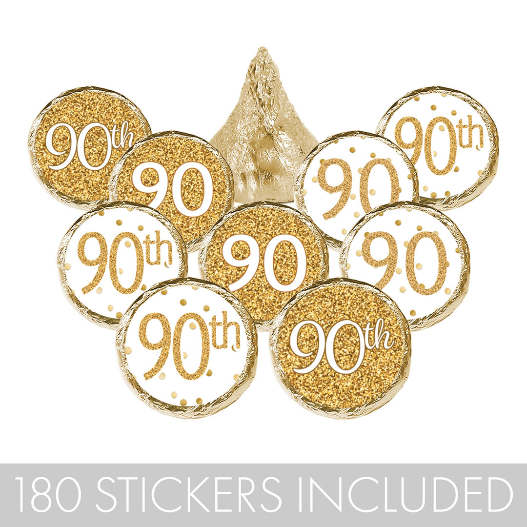 90th Birthday: White and Gold  - Adult Birthday - Party Favor Stickers - Fits on Hershey's Kisses - 180 Stickers