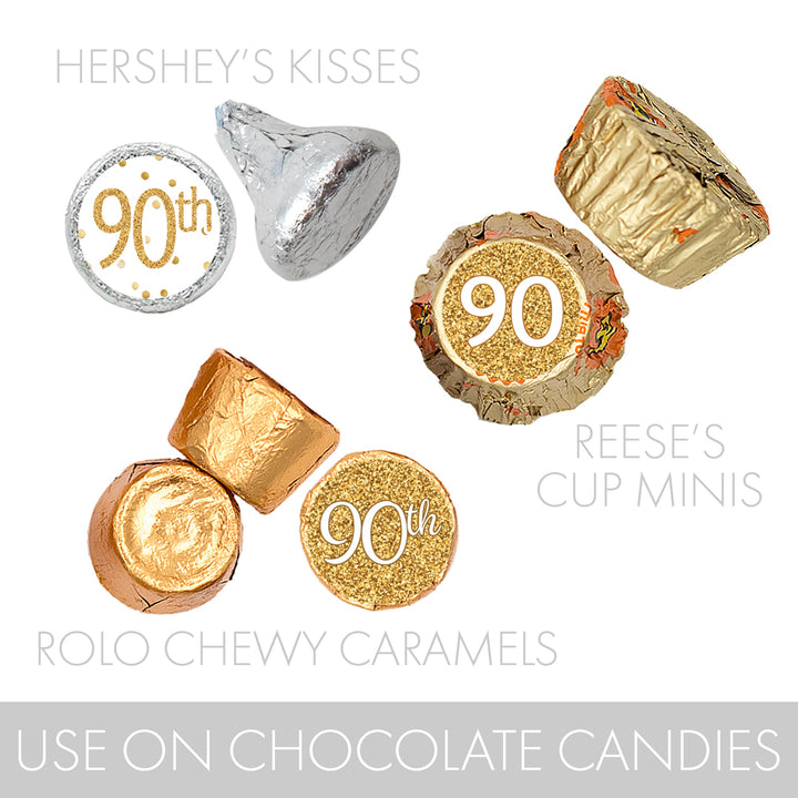 90.º cumpleaños: blanco y dorado - Cumpleaños de adultos - Pegatinas para regalos de fiesta - Se adapta a Hershey's Kisses - 180 pegatinas