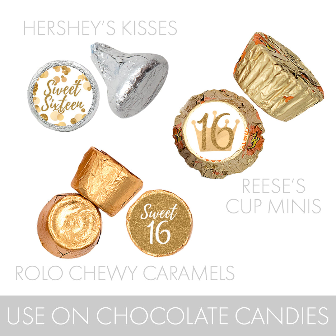 Dulces 16: Blanco y dorado - Pegatinas para regalos de fiesta de cumpleaños - Se adapta a Hershey's Kisses - 180 pegatinas