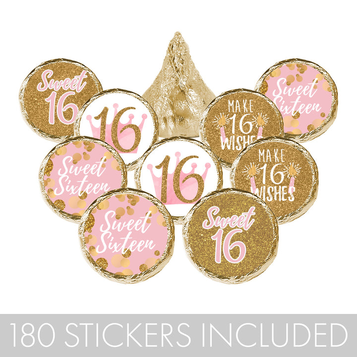 Dulces 16: rosa y dorado - Pegatinas para regalos de fiesta de cumpleaños - Se adapta a Hershey's Kisses - 180 pegatinas