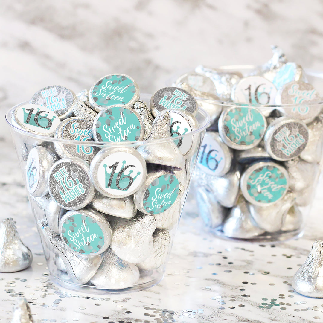 Sweet 16: Teal & Silver - Birthday Party Favor Stickers - Fits on Hershey's Kisses - 180 Stickers