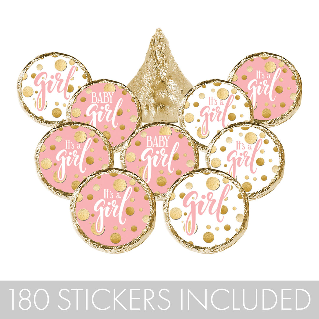 Gold Confetti: Pink - It's a Girl Baby Shower Favor Stickers - Fits on Hershey's Kisses - 180 Stickers