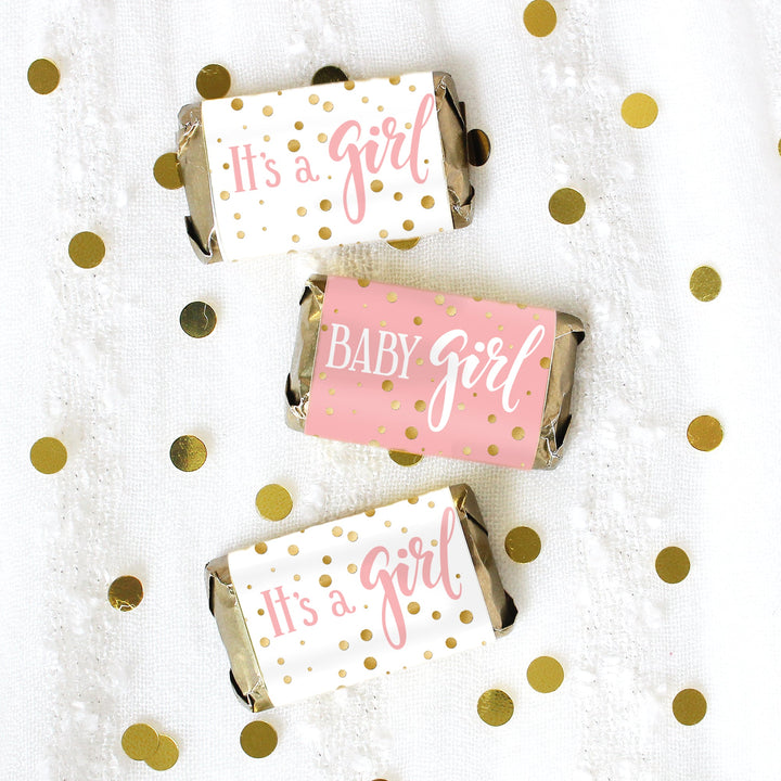Gold Confetti: Pink - It's a Girl Baby Shower Mini Candy Bar Stickers - 45 Stickers