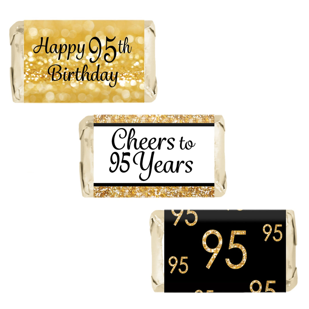 95.º cumpleaños: negro y dorado - Pegatinas para envoltorios de barra de caramelos en miniatura de Hershey's - 45 pegatinas
