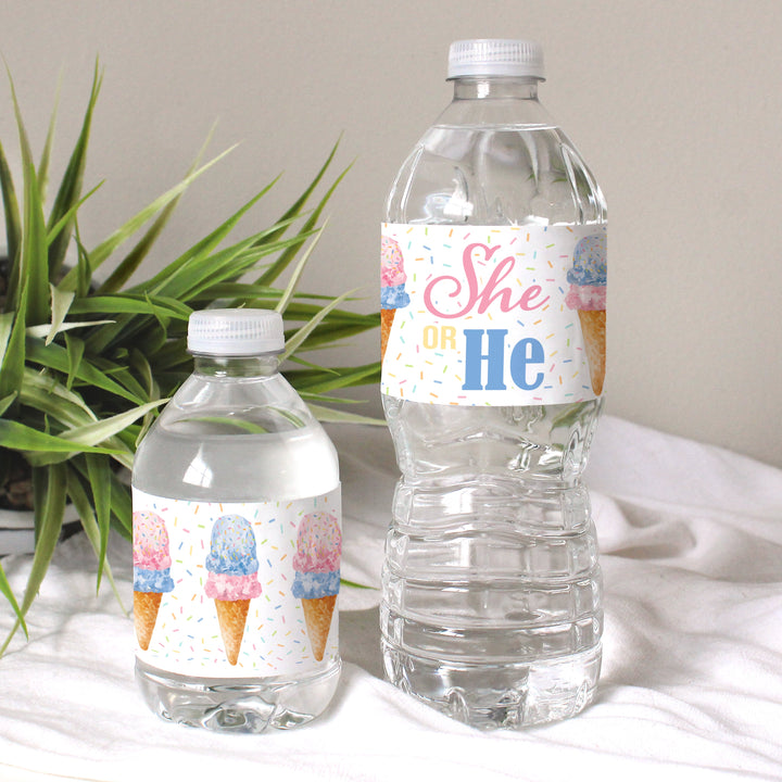 What's the Scoop: Helado - Fiesta de revelación de género - Etiquetas adhesivas para botellas de agua - Paquete de 24