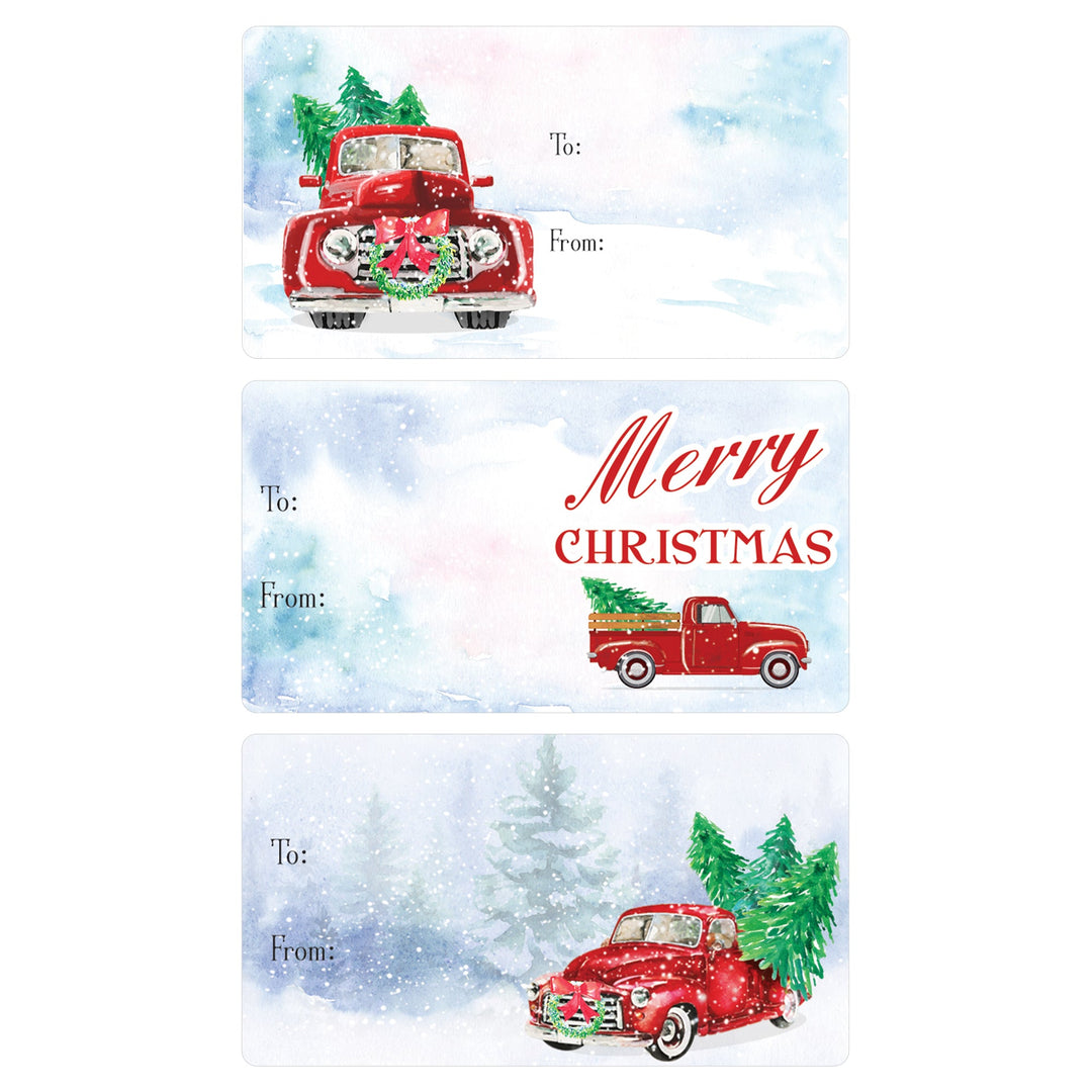 Etiquetas adhesivas de regalo de Navidad: Camión rojo vintage clásico - 75 pegatinas
