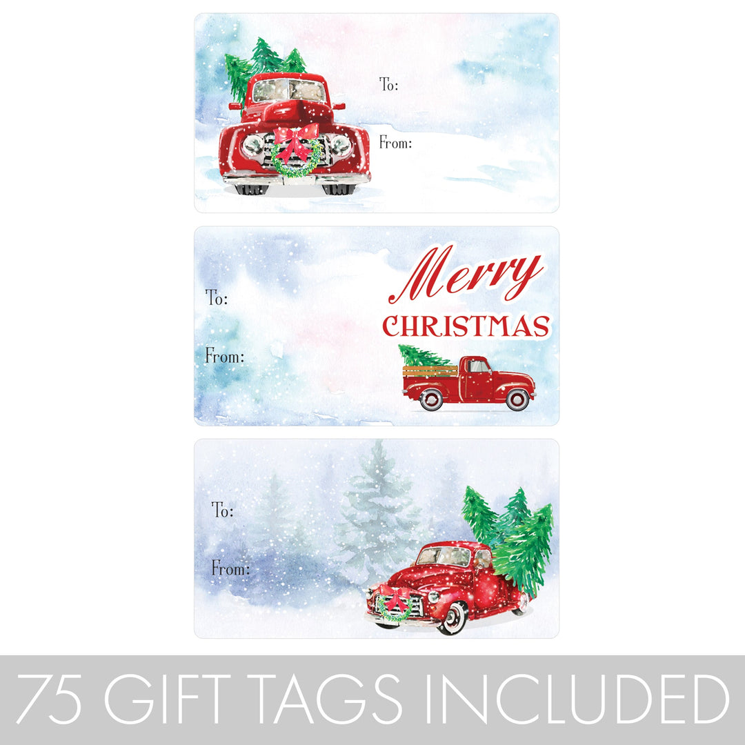 Etiquetas adhesivas de regalo de Navidad: Camión rojo vintage clásico - 75 pegatinas