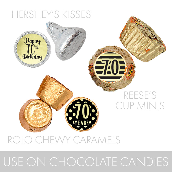 70th Birthday: Black and Gold Shiny Foil - Adult Birthday -   Party Favor Stickers - Fits on Hershey's Kisses - 180 Stickers