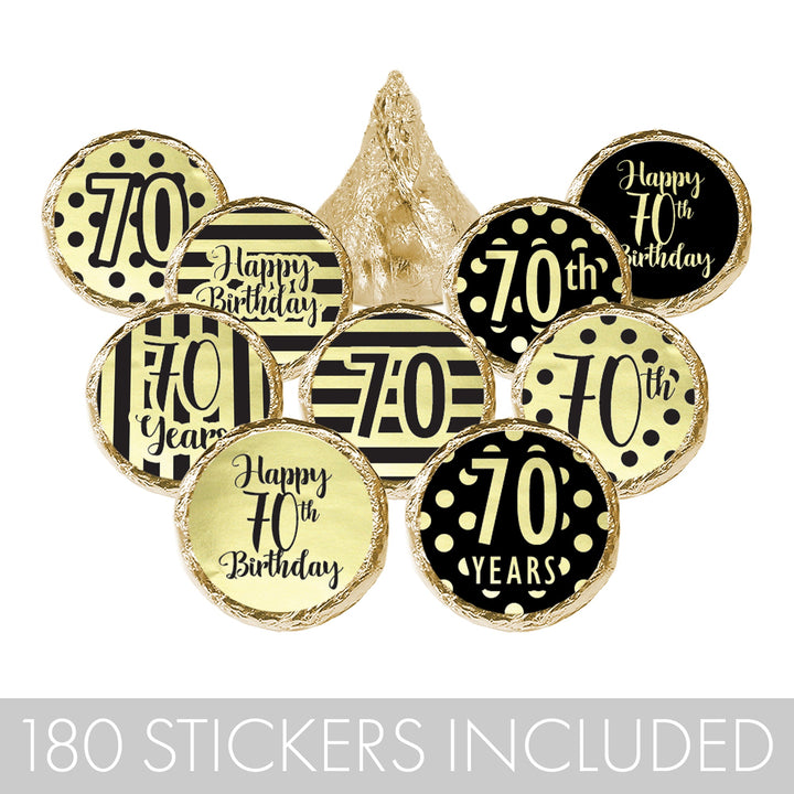 70th Birthday: Black and Gold Shiny Foil - Adult Birthday -   Party Favor Stickers - Fits on Hershey's Kisses - 180 Stickers