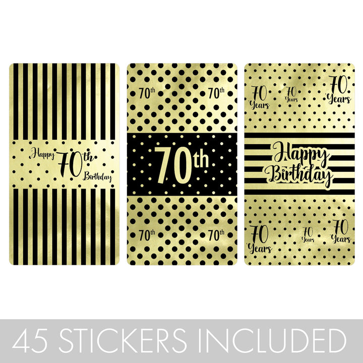 70.º cumpleaños: lámina brillante negra y dorada - Cumpleaños para adultos - Pegatinas para envoltorios de barra de caramelos en miniatura de Hershey's - 45 pegatinas