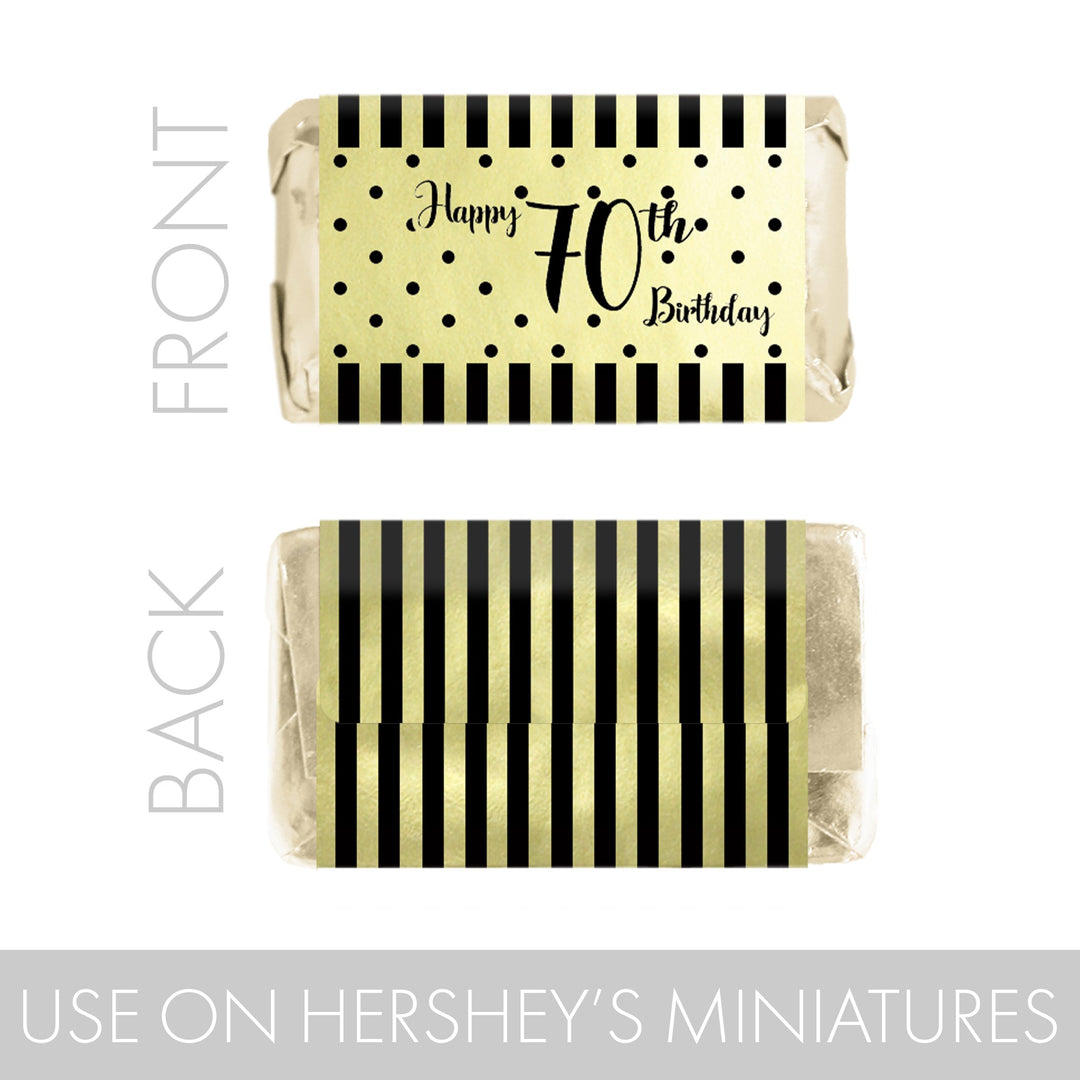 70th Birthday: Black and Gold Shiny Foil - Adult Birthday - Hershey's Miniatures Candy Bar Wrappers Stickers - 45 Stickers