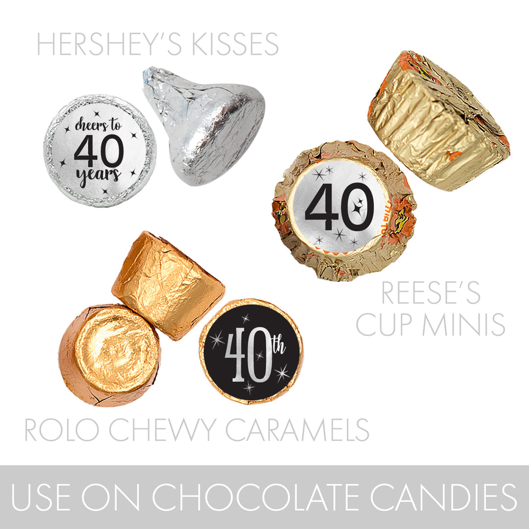 40th Birthday: Black and Silver - Adult Birthday -  Party Favor Stickers - Fits on Hershey's Kisses - 180 Stickers
