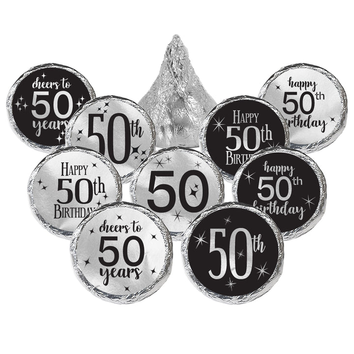 50th Birthday: Black and Silver Foil - Adult Birthday -  Party Favor Stickers - Fits on Hershey's Kisses - 180 Stickers