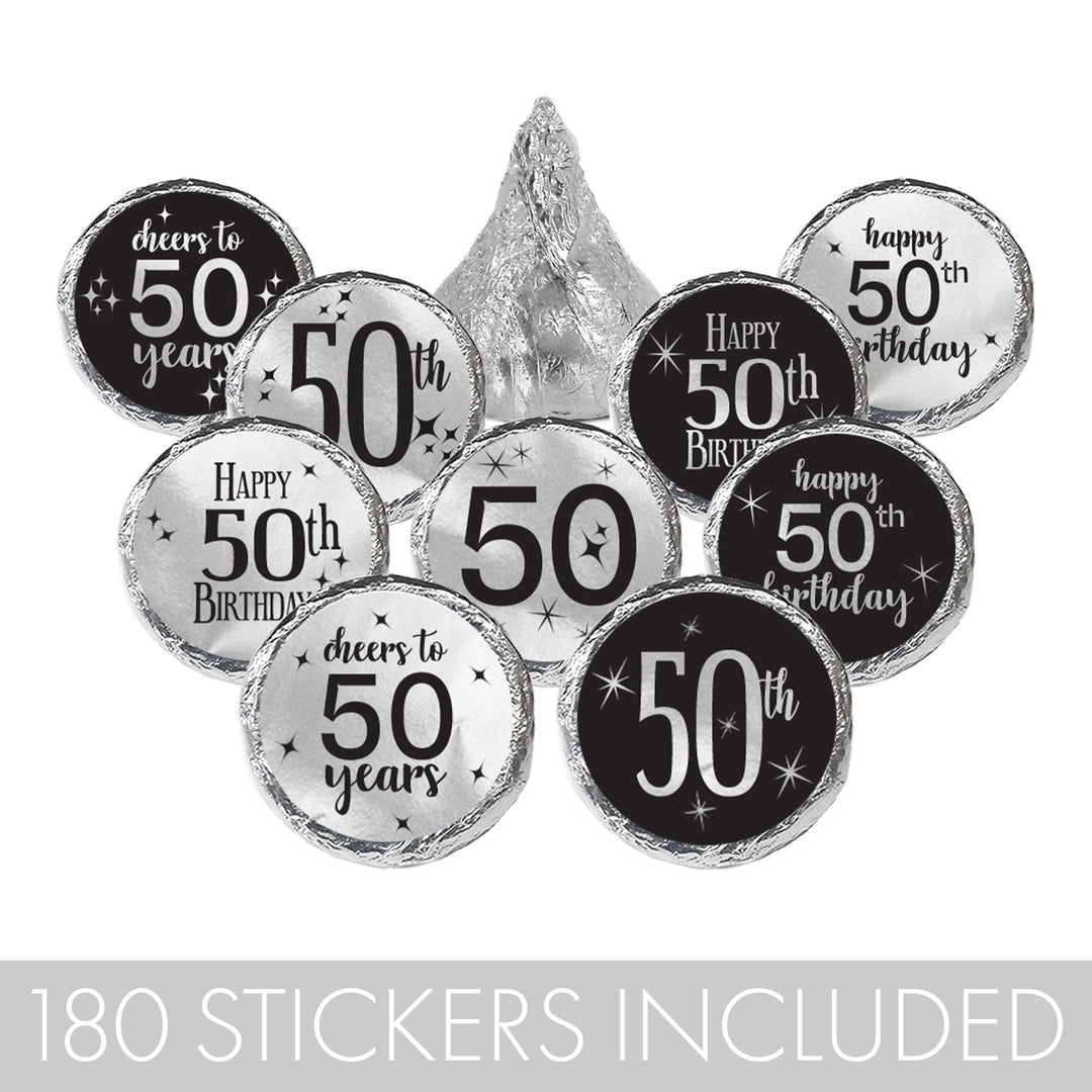 50th Birthday: Black and Silver Foil - Adult Birthday -  Party Favor Stickers - Fits on Hershey's Kisses - 180 Stickers