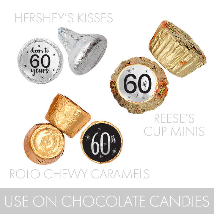 60th Birthday: Black and Silver - Adult Birthday -  Party Favor Stickers - Fits on Hershey's Kisses - 180 Stickers