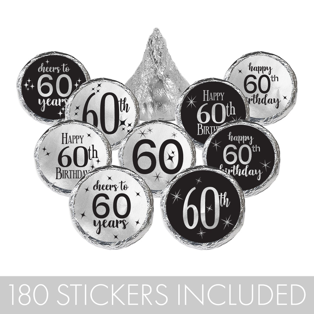 60th Birthday: Black and Silver - Adult Birthday -  Party Favor Stickers - Fits on Hershey's Kisses - 180 Stickers