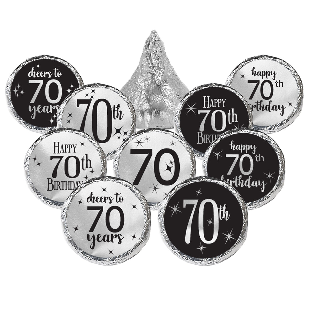 70.º cumpleaños: lámina brillante negra y plateada - Cumpleaños para adultos - Pegatinas para regalos de fiesta - Se adapta a Hershey's Kisses - 180 pegatinas