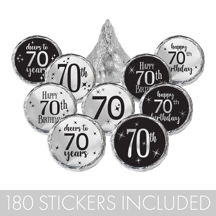70th Birthday: Black and Silver Shiny Foil - Adult Birthday -  Party Favor Stickers - Fits on Hershey's Kisses - 180 Stickers