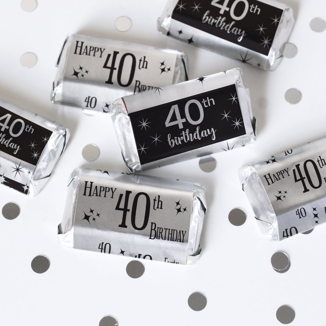 40 cumpleaños: negro y plateado - Cumpleaños de adultos - Hershey's Miniatures Candy Bar Wrappers Stickers - 45 pegatinas