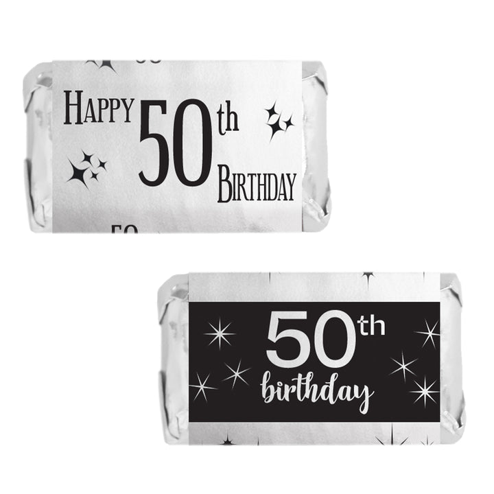 Celebrate a milestone with these Black and Silver 50th Birthday Shiny Foil Mini Candy Bar Stickers - 45 Count.