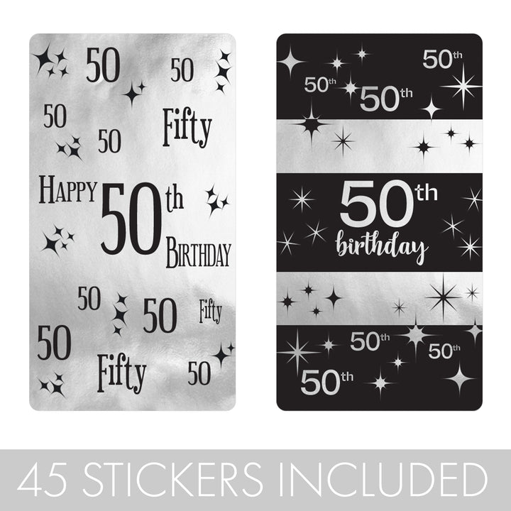 Make the 50th birthday extra special with these Black and Silver Shiny Foil Mini Candy Bar Stickers - 45 Count.