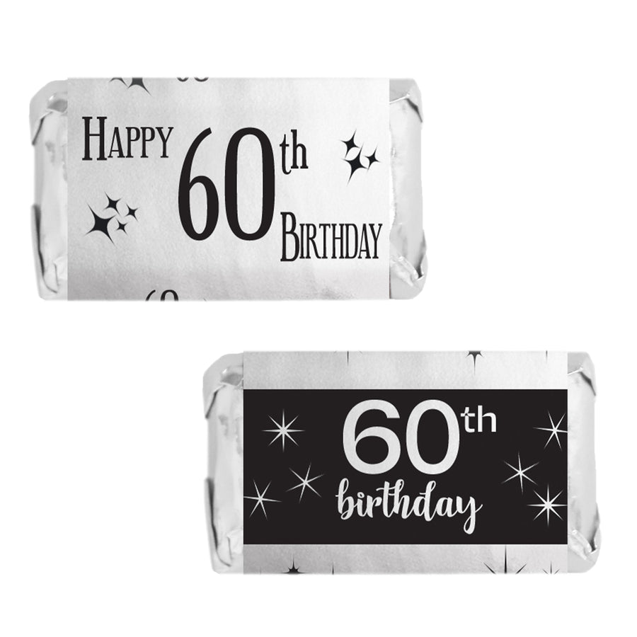 Create an extra-special celebration with 45 black and silver 60th birthday shiny foil mini candy bar stickers.