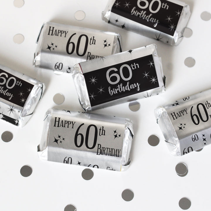 60.º cumpleaños: negro y plateado - Cumpleaños de adultos - Hershey's Miniatures Candy Bar Wrappers Stickers - 45 pegatinas