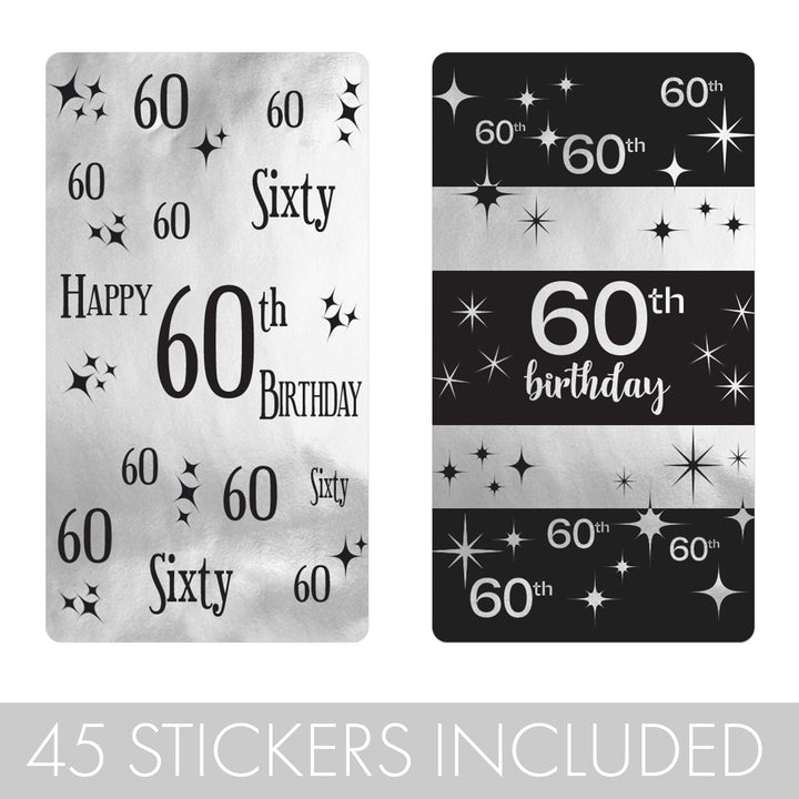  Add a touch of sparkle to your 60th birthday party with 45 mini candy bar stickers in black and silver.