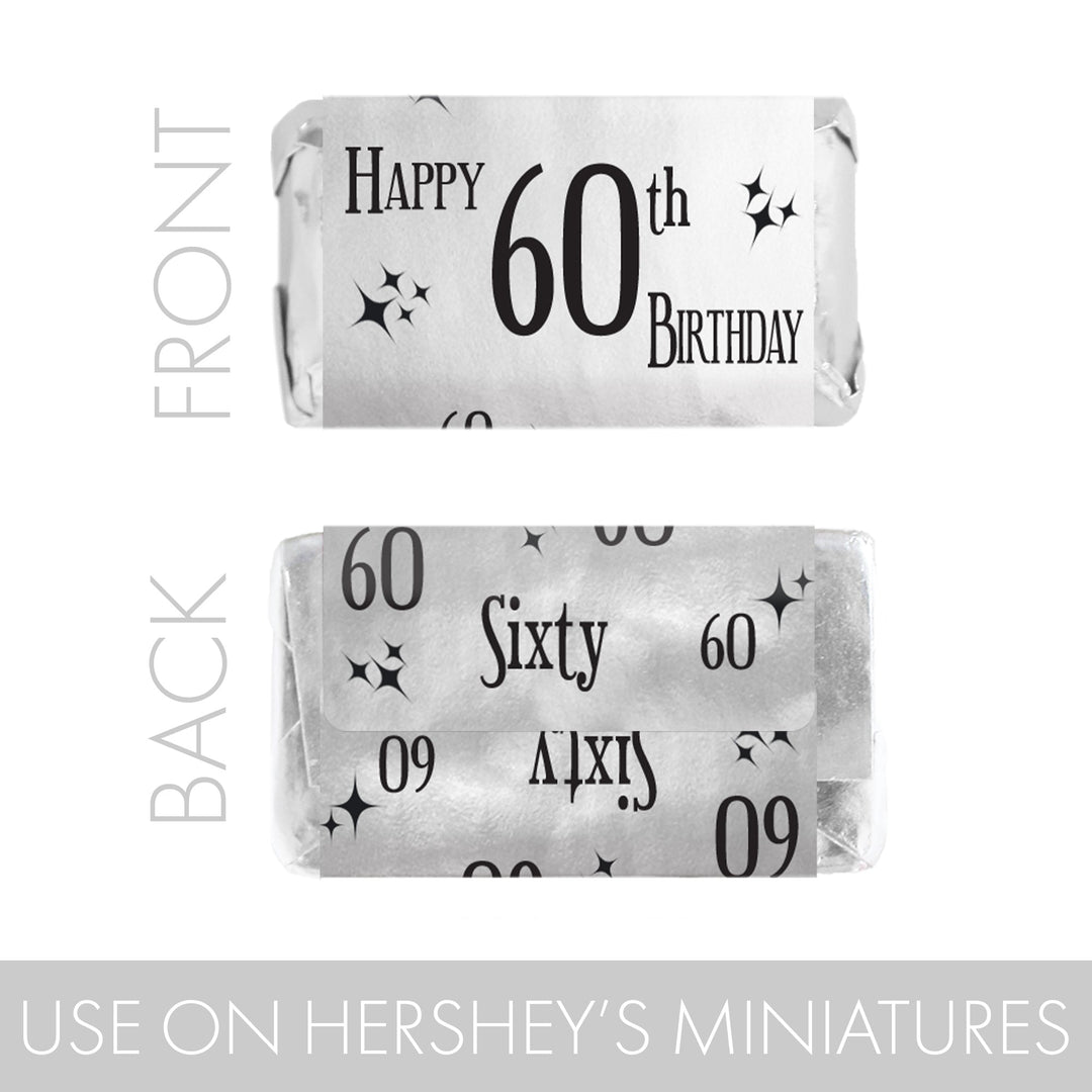 Get 45 black and silver 60th birthday shiny foil mini candy bar stickers for a perfect way to celebrate.