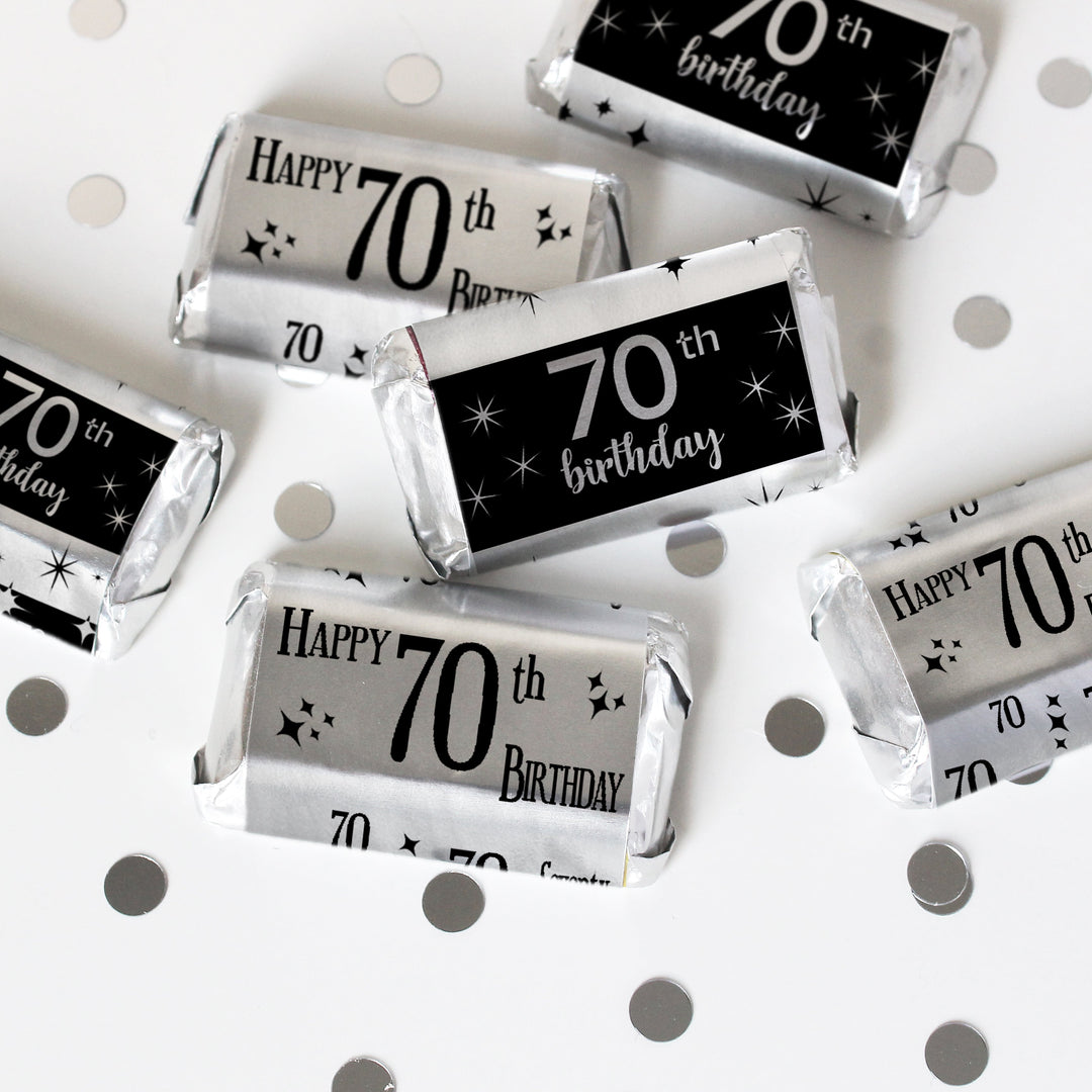 70.º cumpleaños: lámina brillante negra y plateada - Cumpleaños para adultos - Pegatinas para envoltorios de barra de caramelos en miniatura de Hershey's - 45 pegatinas