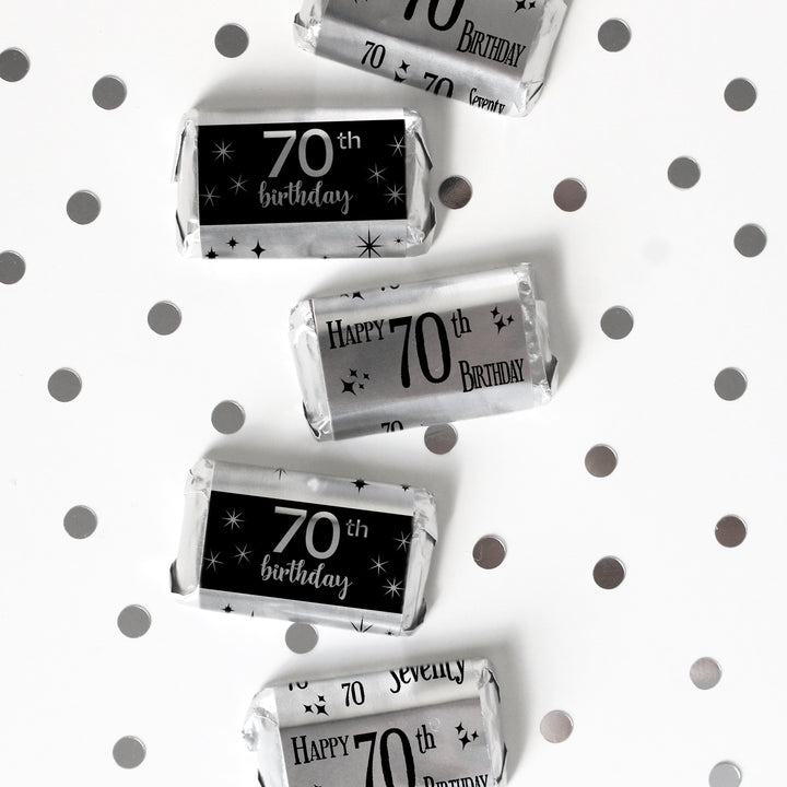 70.º cumpleaños: lámina brillante negra y plateada - Cumpleaños para adultos - Pegatinas para envoltorios de barra de caramelos en miniatura de Hershey's - 45 pegatinas