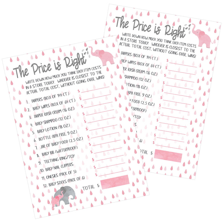 Elephant: Pink - Baby Shower - Game - The Price is Right  - 20 Cards
