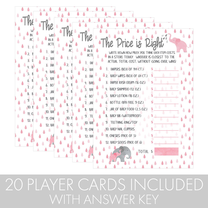 Elephant: Pink - Baby Shower - Game - The Price is Right  - 20 Cards