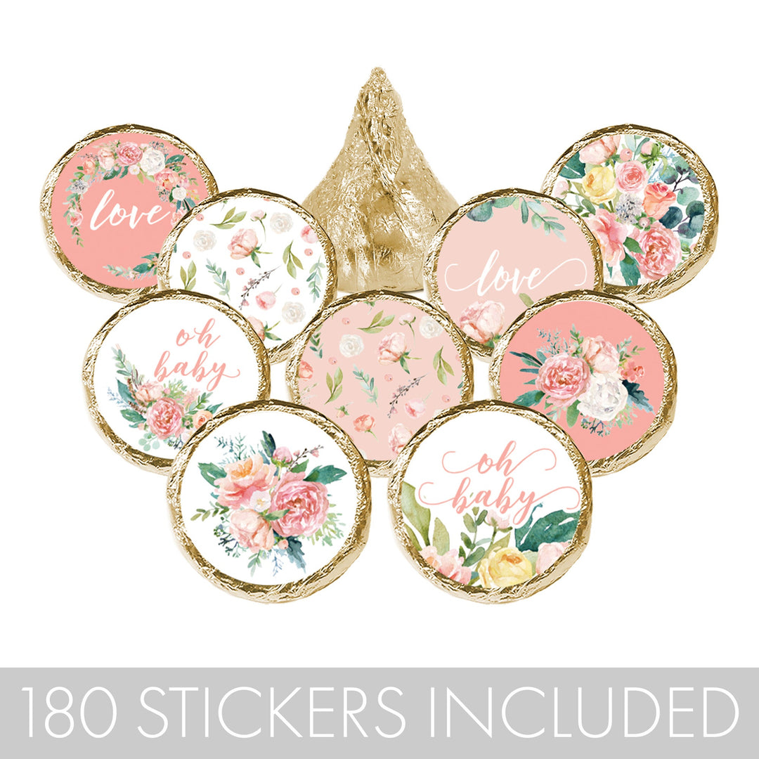 Pink Floral: Baby Shower Favor Stickers - Fits on Hershey's Kisses - Spring, Girl - 180 Stickers
