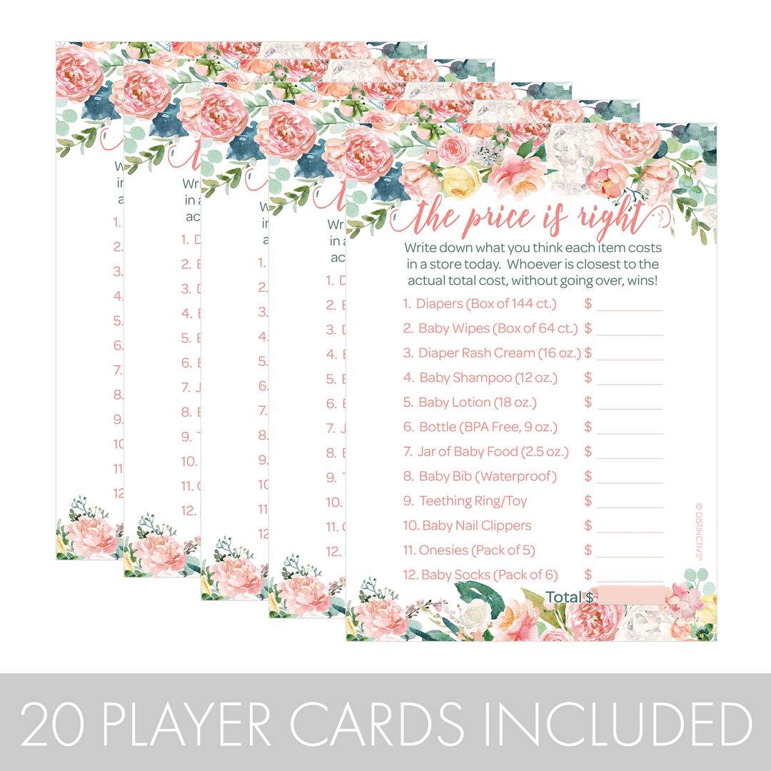 Pink Floral: Juego de Baby Shower - El precio correcto - Primavera, Niña - 20 cartas de juego