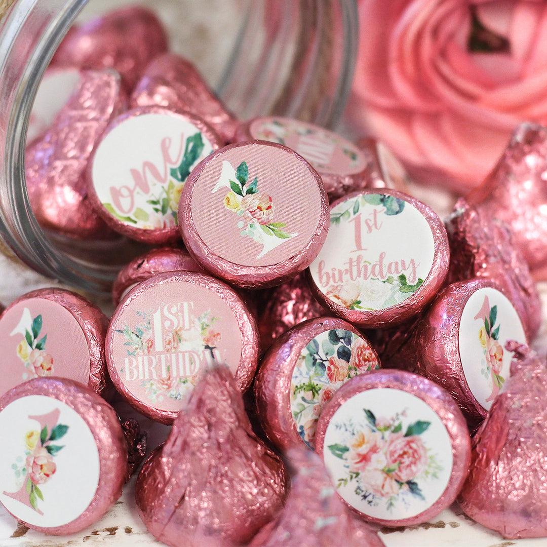 Pink Floral: Primer cumpleaños - Pegatinas para regalos de fiesta - Se adapta a Hershey's Kisses - 180 pegatinas