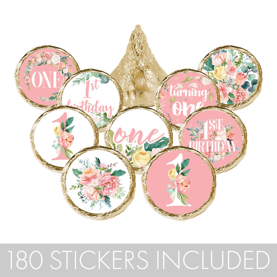 Pink Floral: First Birthday - Party Favor Stickers - Fits on Hershey's Kisses -  180 Stickers