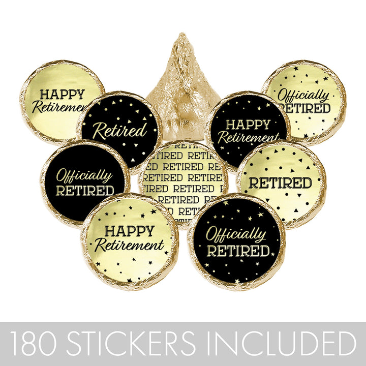 Fiesta de jubilación: lámina brillante negra y dorada - Pegatinas de recuerdo - Se adapta a Hershey's Kisses - 180 pegatinas