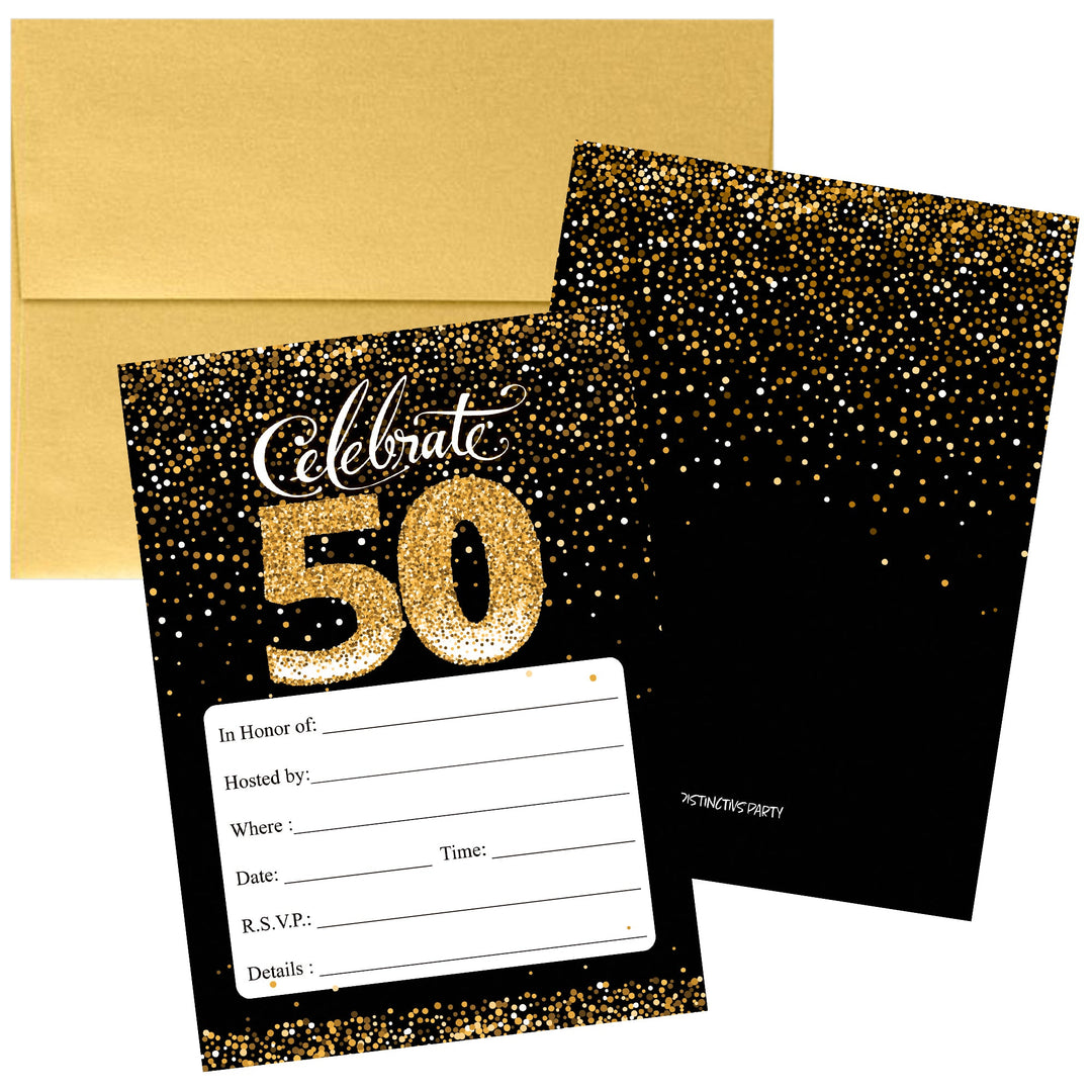 50 cumpleaños: Tarjetas de invitación en negro y dorado con sobres - Cumpleaños para adultos - Paquete de 10