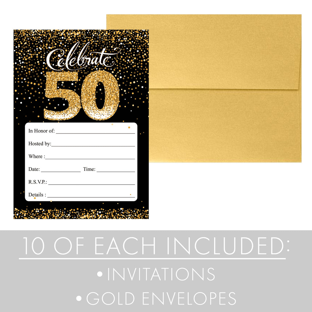 50 cumpleaños: Tarjetas de invitación en negro y dorado con sobres - Cumpleaños para adultos - Paquete de 10