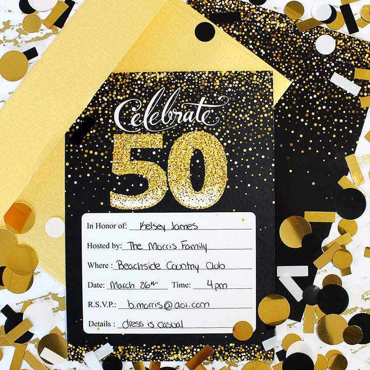 50th Birthday: Black & Gold Invitation Cards with Envelopes - Adult Birthday - 10 Pack