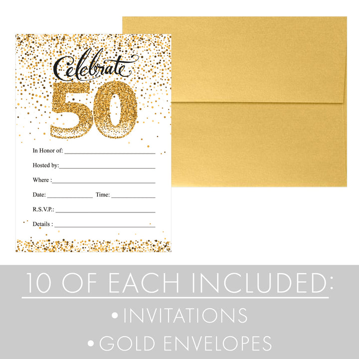 50th Birthday: White and Gold - Adult Birthday - Party Invitation Cards with Envelopes - 10 Pack