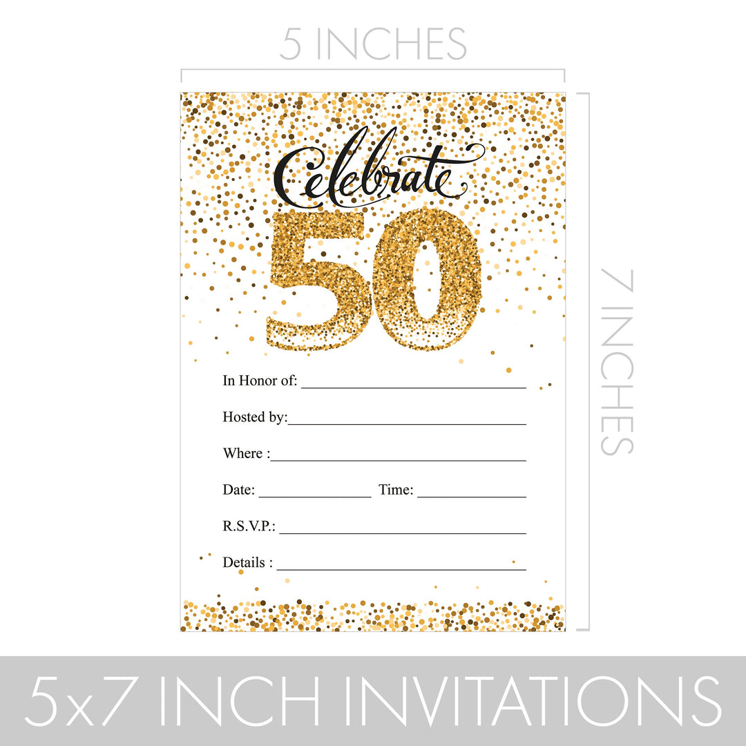 50th Birthday: White and Gold - Adult Birthday - Party Invitation Cards with Envelopes - 10 Pack