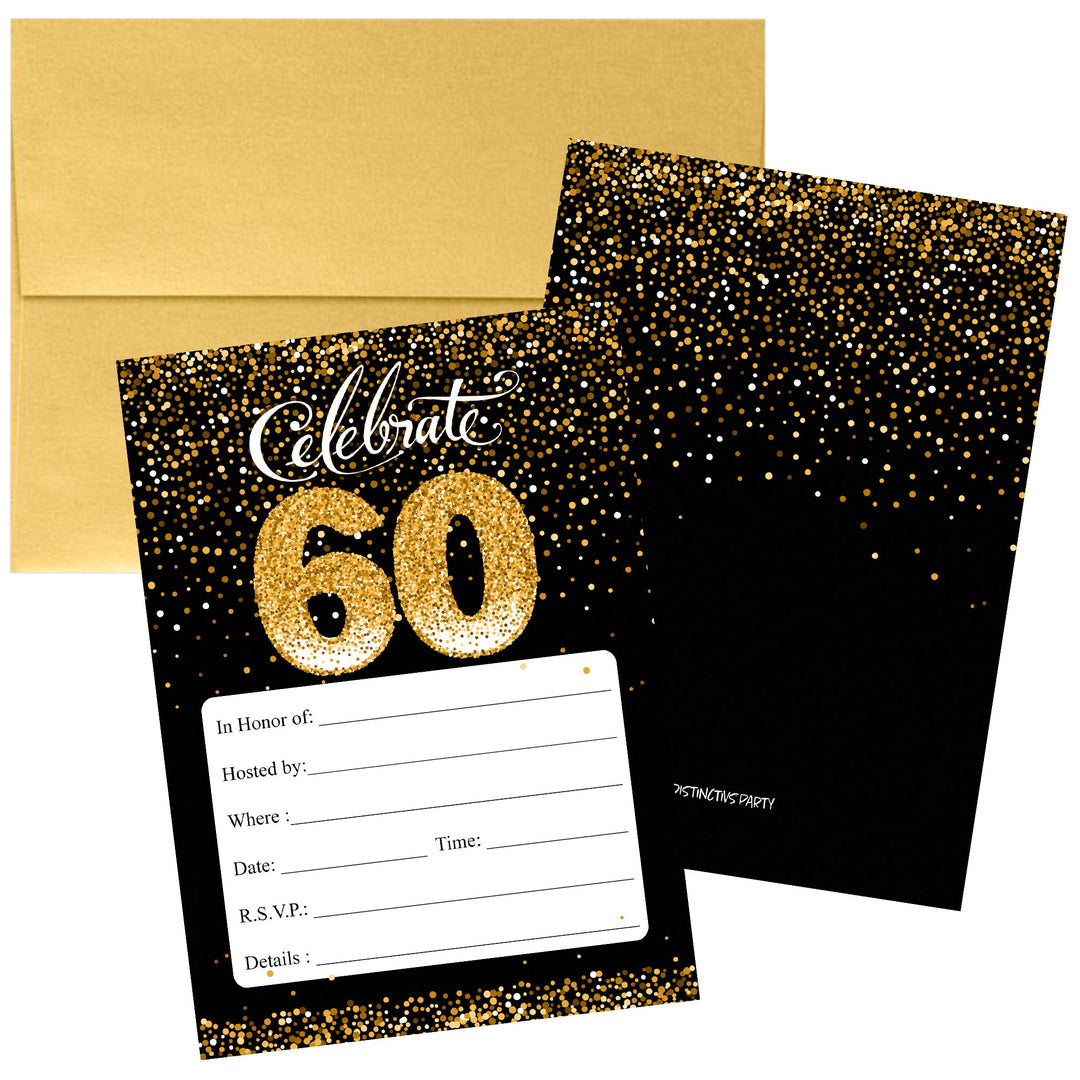 60.º cumpleaños: Tarjetas de invitación en negro y dorado con sobres - Cumpleaños para adultos - Paquete de 10